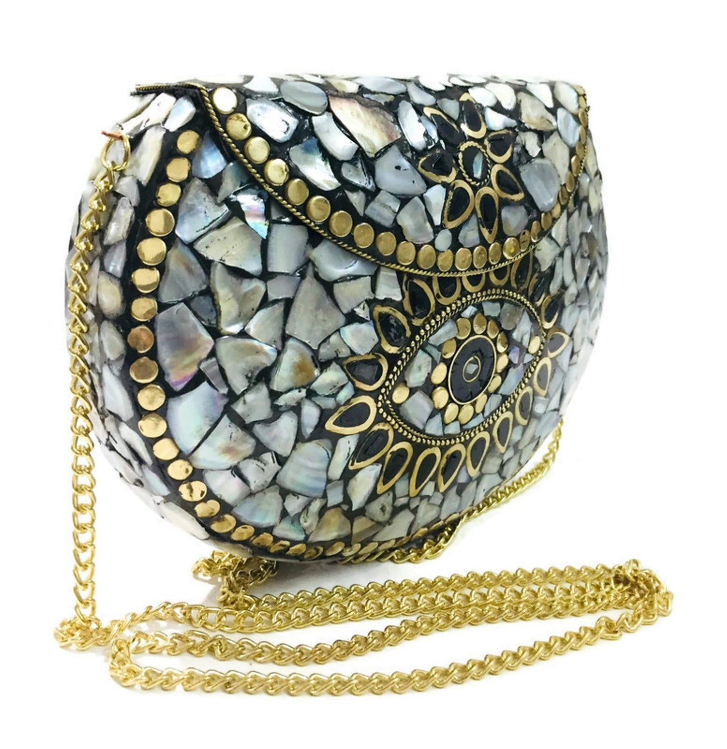 Trend Overseas Women's Shell stone Mosaic Metal Bag Antique Indian Ethnic Clutch Purse (Multicolor)