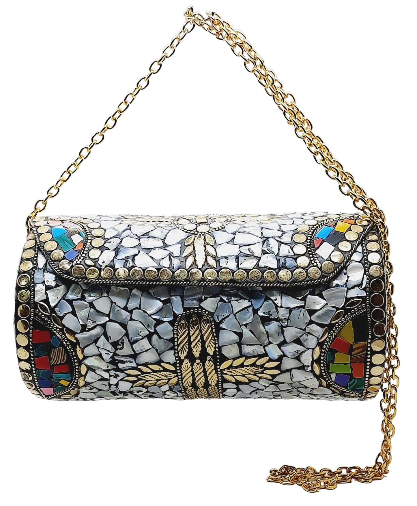 Trend Overseas Handmade Mosaic Multi color Stone Clutch Cylindrical Round Ethnic bag Antique Bridal Sling Bag Crossbody Bag