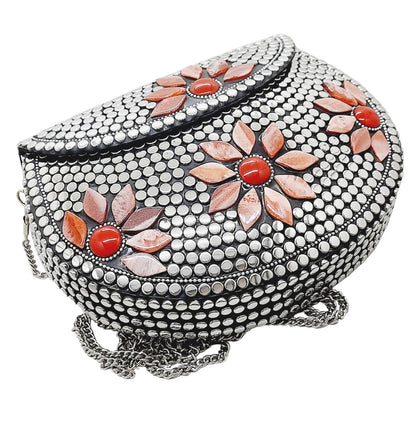 Trend Overseas Multicolor Silver Beads Ethnic Clutch Purse Bridal Bag cross body bag for women/Girl party