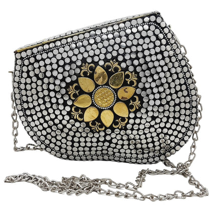 Trend Overseas Silver metal Beaded Ethnic purse Girls Bridal Bag cross body bag for women/Girl party clutch Metal clutches Vintage Brass