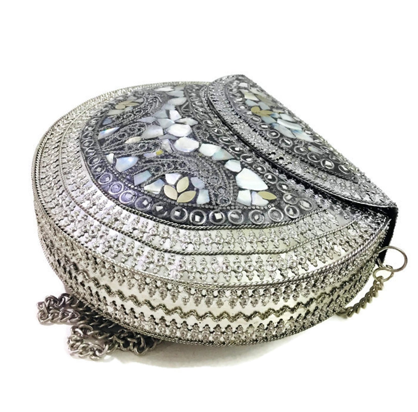 Trend Overseas silver shell nacre stone bag ethnic clutch indian antique purse mosaic bag metal bag girls gift