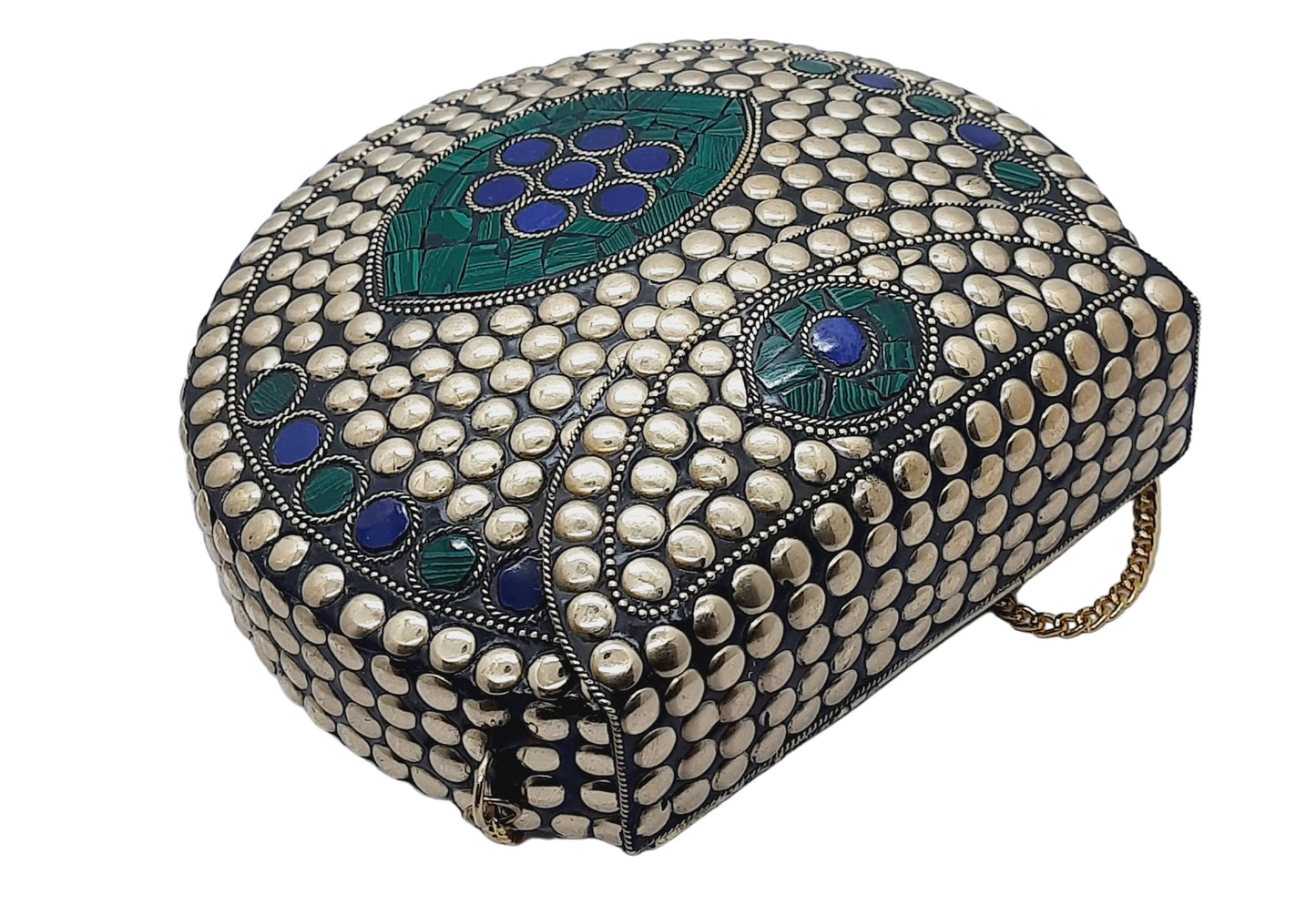 Trend Overseas Heart Design Stone Mosaic Clutch Ethnic Indian Handmade Small Size Bridal Clutch (Golden Metal Beads)