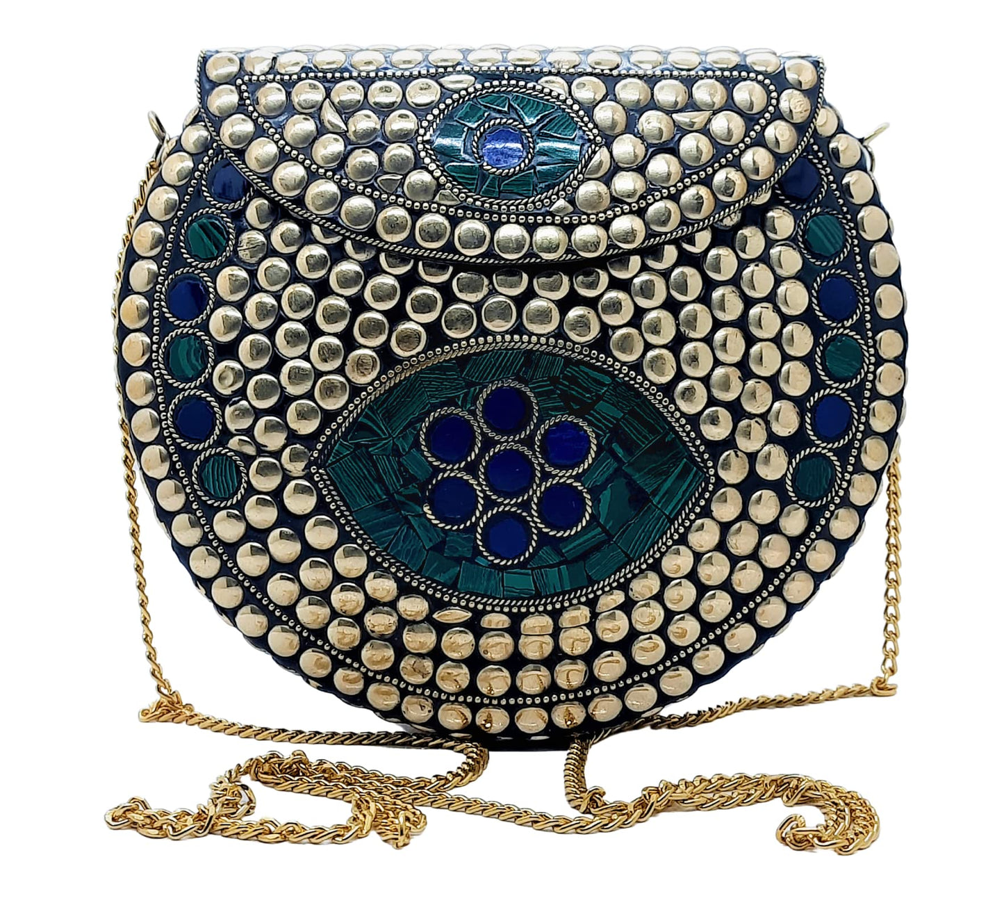 Trend Overseas Heart Design Stone Mosaic Clutch Ethnic Indian Handmade Small Size Bridal Clutch (Golden Metal Beads)