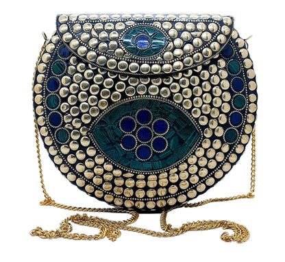 Trend Overseas Heart Design Stone Mosaic Clutch Ethnic Indian Handmade Small Size Bridal Clutch (Golden Metal Beads)