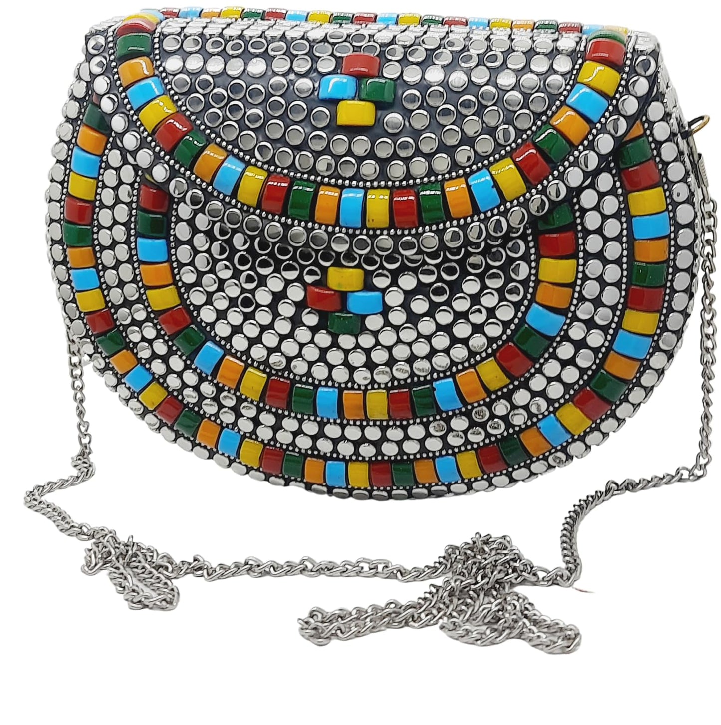 Trend Overseas Silver metal Beaded Ethnic purse Girls Bridal Bag cross body bag for women/Girl party clutch Metal clutches Vintage Brass