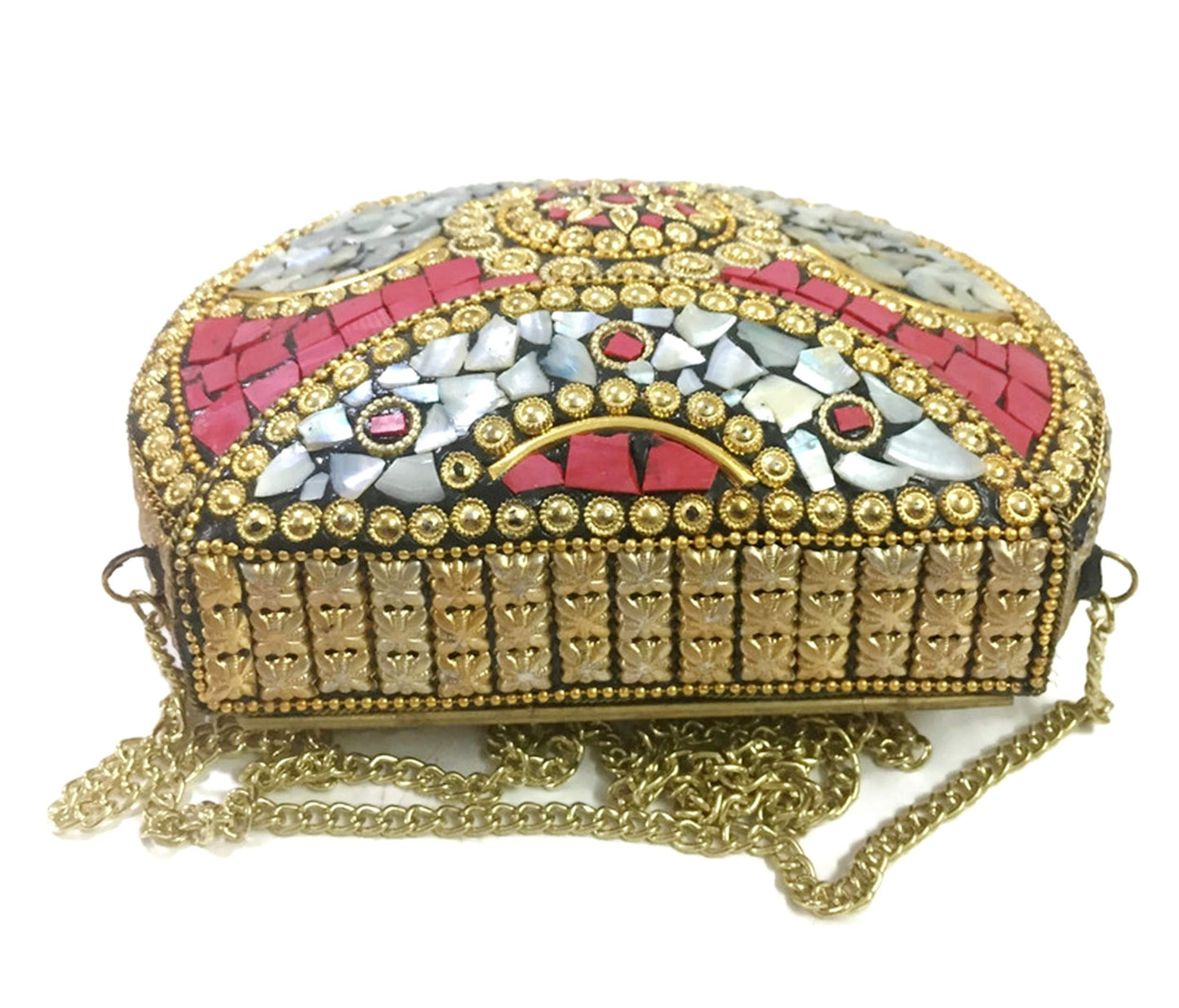 Trend Overseas Red Shell bag metal clutch Indian Ethnic Metal Bag mosaic clutch Antique Wallet purse party bag for women Wedding Box Bridal bag