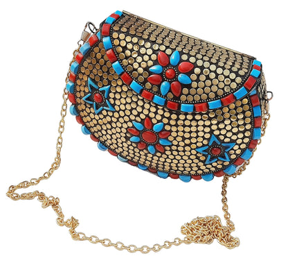 Trend Overseas Multicolor Acrylic Stone Golden metal Bead Clutch Girls Bridal Bag for women/Girl party clutch