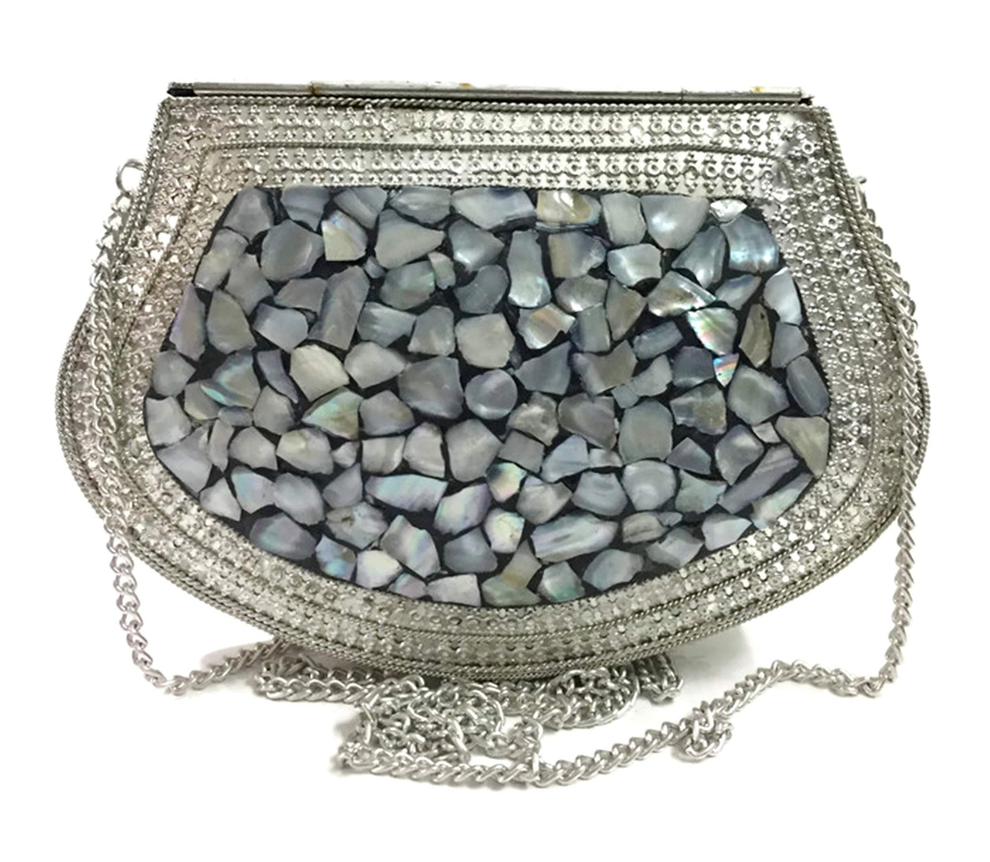 Trend Overseas Women's Metal Mosaic Stone Shell Ethnic Vintage Sling Bag (Silver)