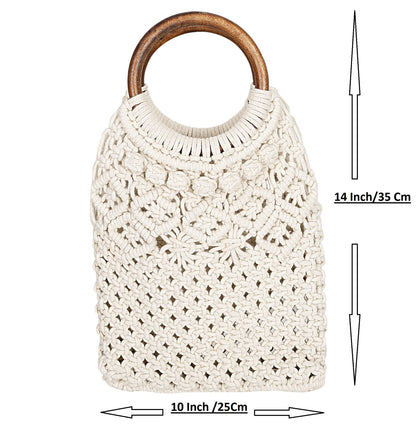 Trend Overseas Handwoven Fashionable Boho Macrame Crochet Cotton Thread Carry Handbag Size 28 x 43 cm