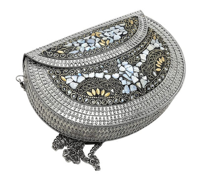 Trend Overseas Silver Girls' Women Messenger Bag Metal Clutch Bridal Bag Antique Purse