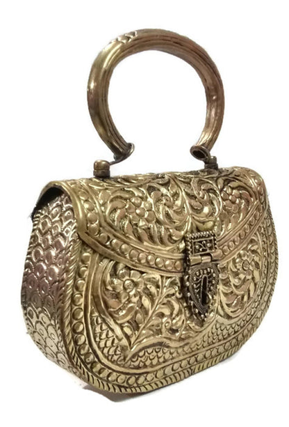 Trend Overseas Women's Vintage Handmade Brass Metal Hand Carving Clutches Handbag For Party