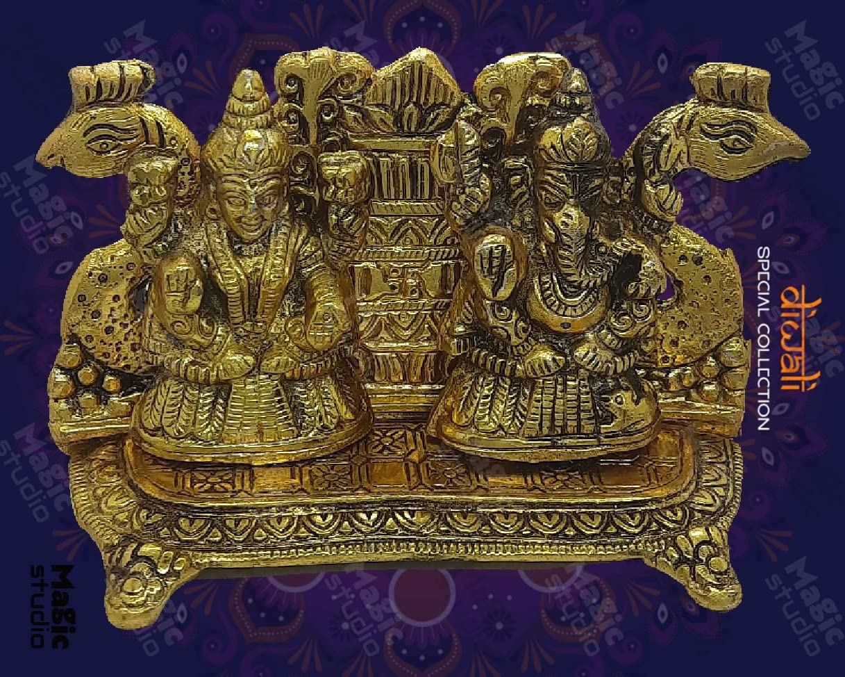 Trend Overseas Antique Golden Metal Laxmi Ganesh Murti Idol Metal Lakshmi Ganesha Showpiece Statue for Diwali Puja Homedecor