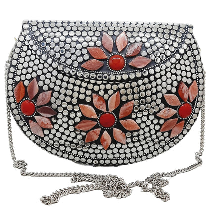 Trend Overseas Multicolor Silver Beads Ethnic Clutch Purse Bridal Bag cross body bag for women/Girl party