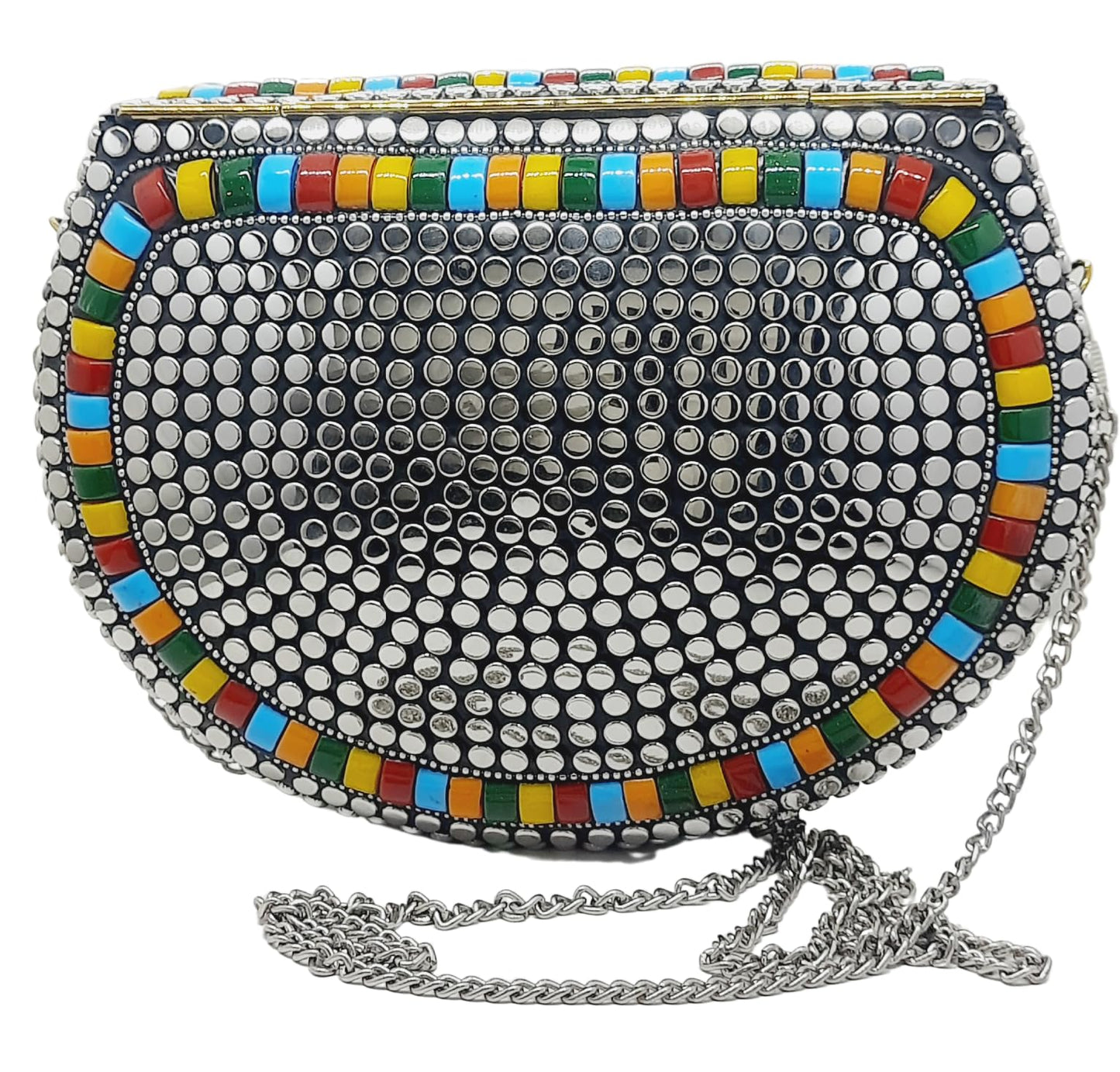 Trend Overseas Silver metal Beaded Ethnic purse Girls Bridal Bag cross body bag for women/Girl party clutch Metal clutches Vintage Brass