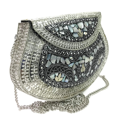 Trend Overseas Women's Metal Mosaic Stone Shell Ethnic Vintage Sling Bag (Silver)