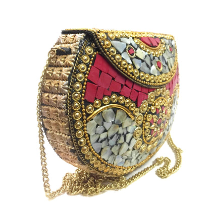 Trend Overseas Red Shell bag metal clutch Indian Ethnic Metal Bag mosaic clutch Antique Wallet purse party bag for women Wedding Box Bridal bag