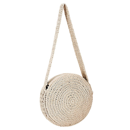 Trend Overseas Handwoven Crochet Craft Women/Girl Ivory (Off-White) Round Macrame Straw Bag Summer Beach Tote Handbags Handle Shoulder Bag