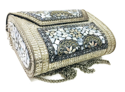 Trend Overseas Antique Indian art Handmade Stone mosaic metal bag Women/Girls Bridal metal clutch party sling bag