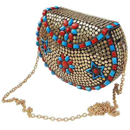 Trend Overseas Multicolor Acrylic Stone Golden metal Bead Clutch Girls Bridal Bag for women/Girl party clutch