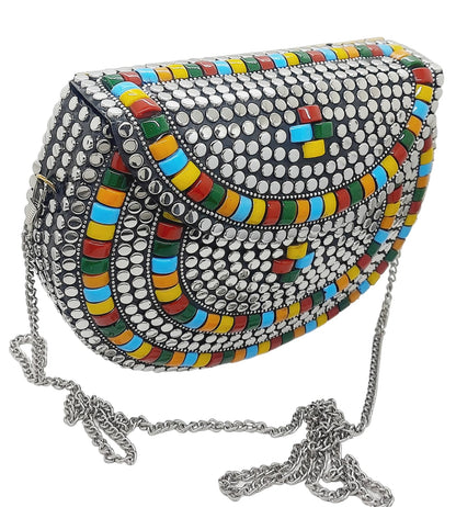 Trend Overseas Silver metal Beaded Ethnic purse Girls Bridal Bag cross body bag for women/Girl party clutch Metal clutches Vintage Brass