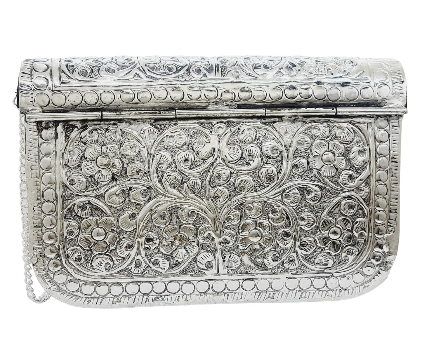 Trend Overseas Women Silver Bridal Metal Clutch Sling Bag Shoulder Bag - Antique Hand Carving Bag Bridal Antique Purse