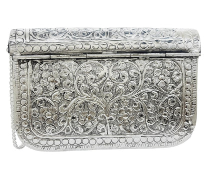 Trend Overseas Women Silver Bridal Metal Clutch Sling Bag Shoulder Bag - Antique Hand Carving Bag Bridal Antique Purse