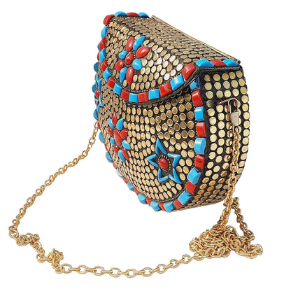 Trend Overseas Multicolor Acrylic Stone Golden metal Bead Clutch Girls Bridal Bag for women/Girl party clutch