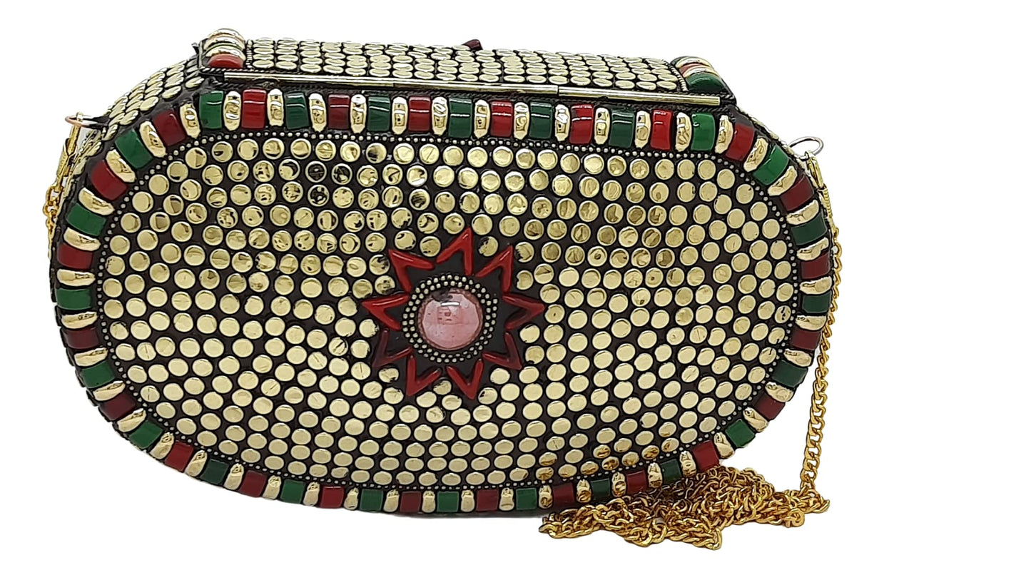 Trend Overseas Multicolor Golden metal Beaded Clutch Girls Bridal Bag for women/Girl party clutch