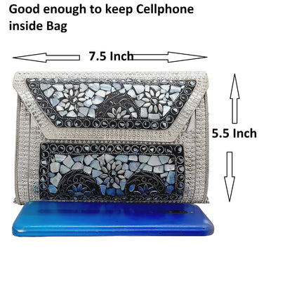 Trend Overseas Antique Indian art Handmade Stone mosaic metal bag Women/Girls Bridal metal clutch party sling bag