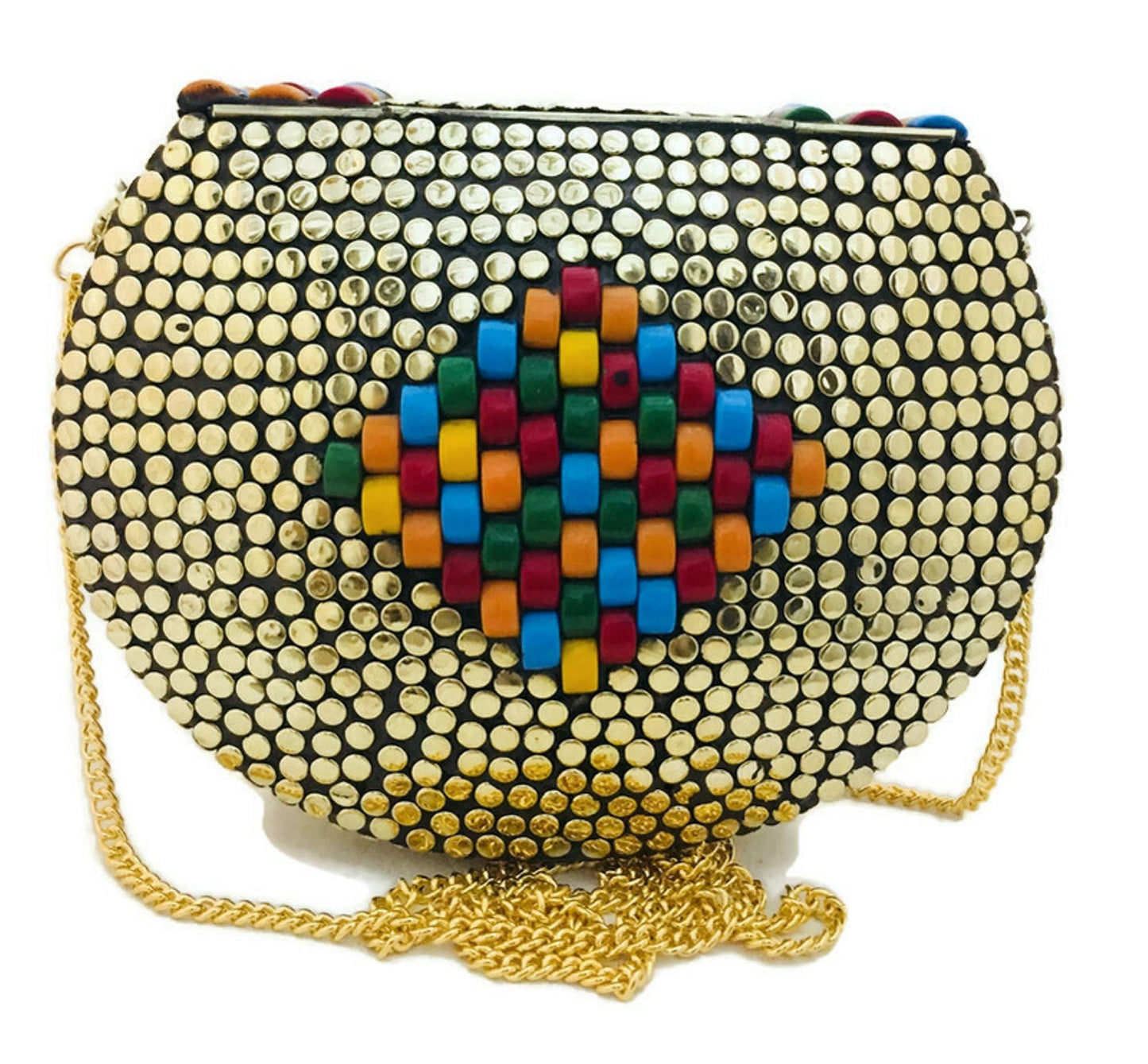 Trend Overseas Brass Beaded Multi color Ethnic purse Girls Bridal Bag Golden cross body bag for women