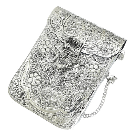 Trend Overseas Women Silver Bridal Metal Clutch - Antique Metal Cellphone Bag - Mobile Bag