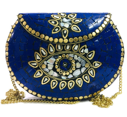 Trend Overseas Blue stone mosaic metal bag antique ethnic clutch indian antique purse party clutch women bag