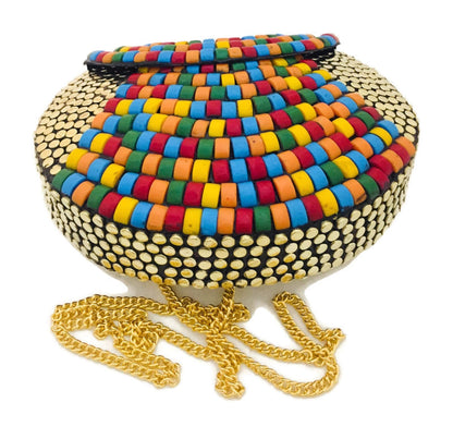 Trend Overseas Brass Beaded Multi color Ethnic purse Girls Bridal Bag Golden cross body bag for women