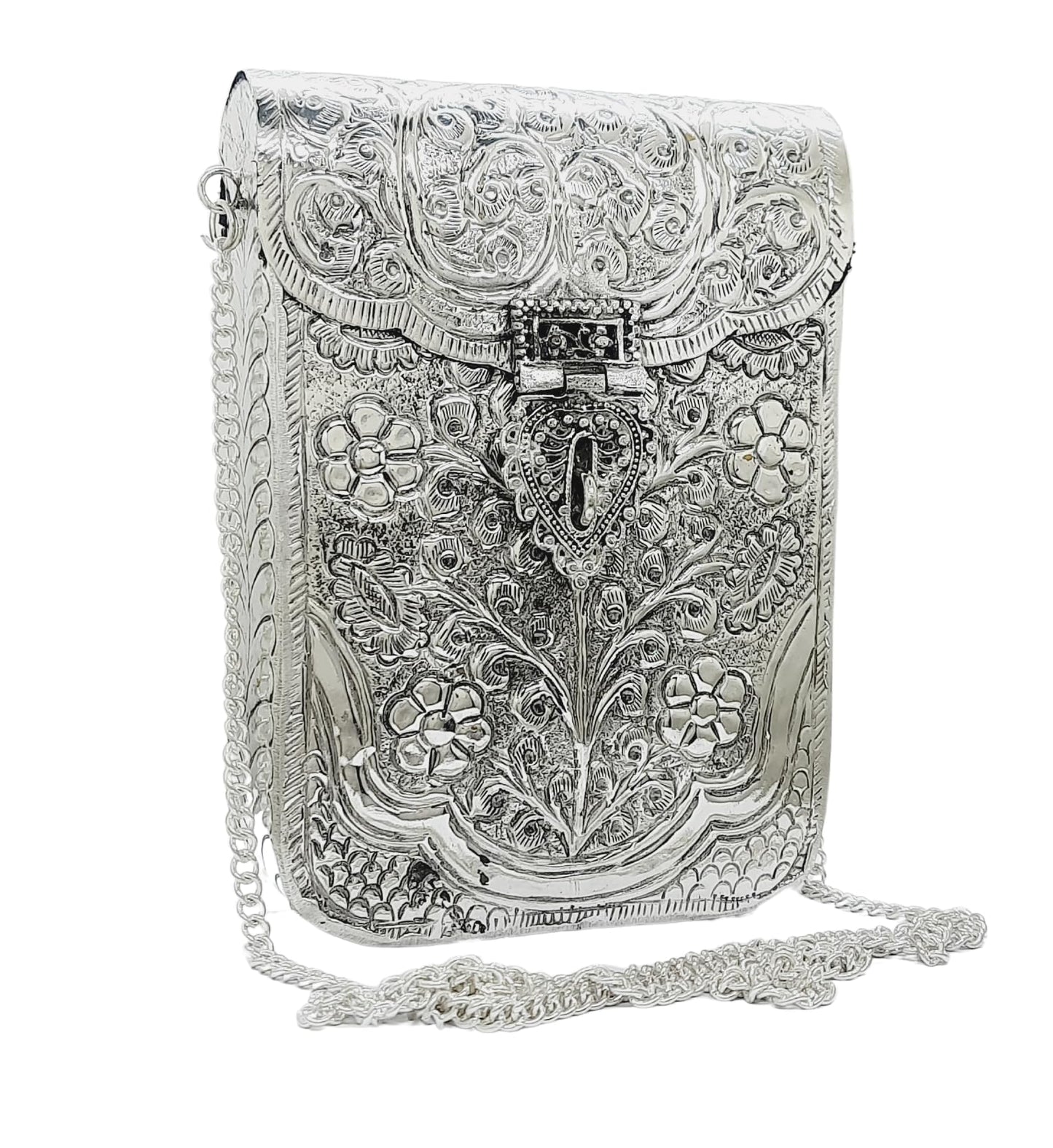 Trend Overseas Women Silver Bridal Metal Clutch - Antique Metal Cellphone Bag - Mobile Bag