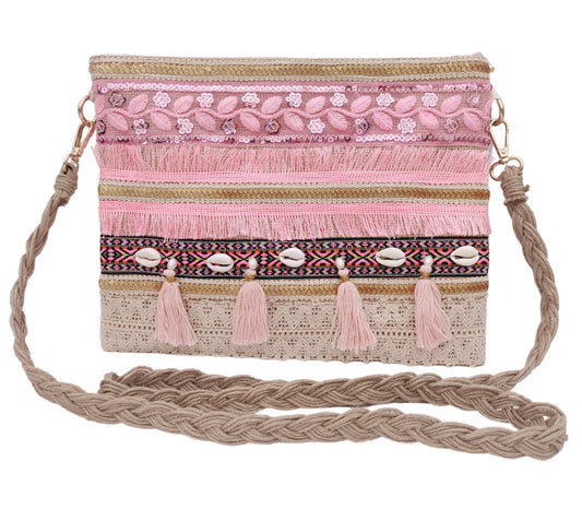 Trend Overseas Multicolor Jute Embroidery pom pom Bridal Bag cross body party sling bag