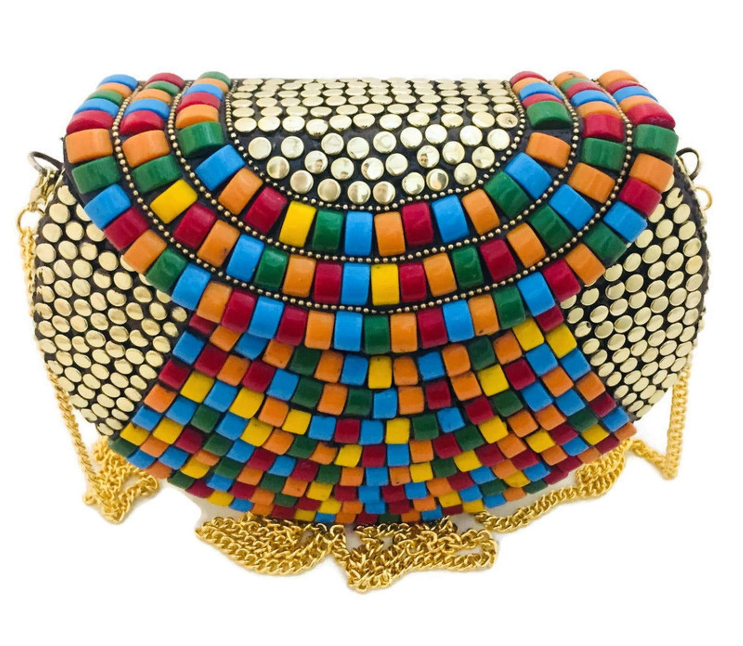 Trend Overseas Brass Beaded Multi color Ethnic purse Girls Bridal Bag Golden cross body bag for women