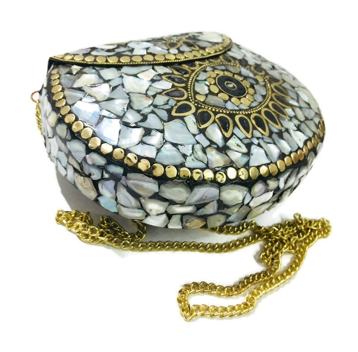 Trend Overseas Women's Shell stone Mosaic Metal Bag Antique Indian Ethnic Clutch Purse (Multicolor)