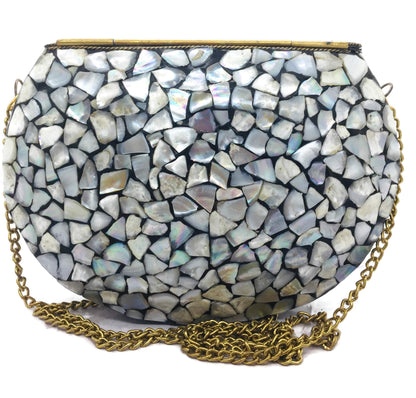 Trend Overseas Women/Girls Bridal metal Sea shell clutch party sling bag Ethnic Indian Handmade mosaic metal bag Silver