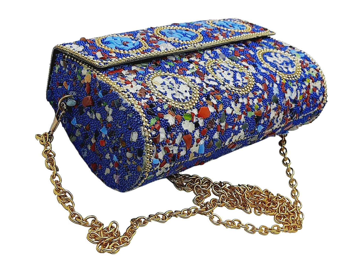 Trend Overseas Handmade Cut Stone mosaic metal bag Stone Clutch Ethnic Indian Women/Girls Bridal metal clutch party sling bag (Red)