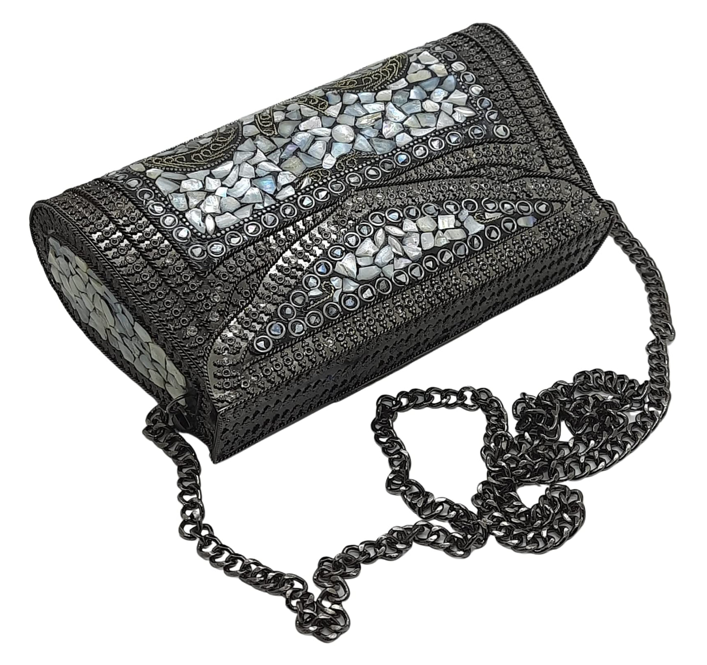 Trend Overseas Women's Antique Black Color shell nacre stone bag ethnic clutch metal bag party clutch