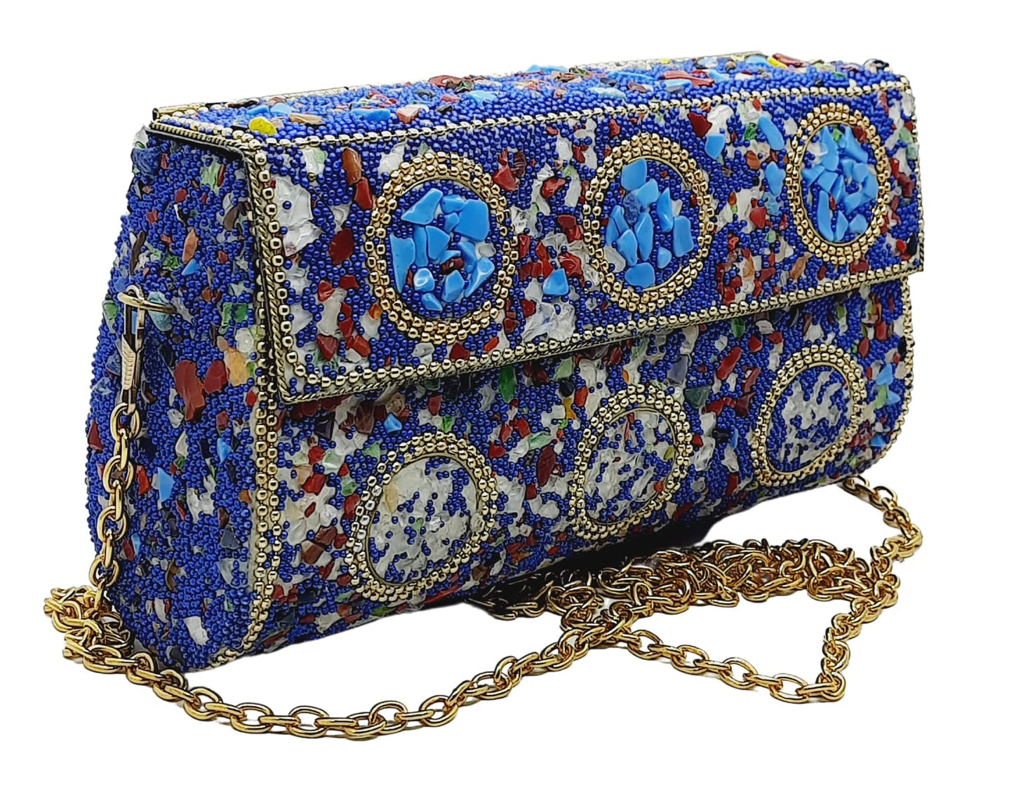 Trend Overseas Handmade Cut Stone mosaic metal bag Stone Clutch Ethnic Indian Women/Girls Bridal metal clutch party sling bag (Red)