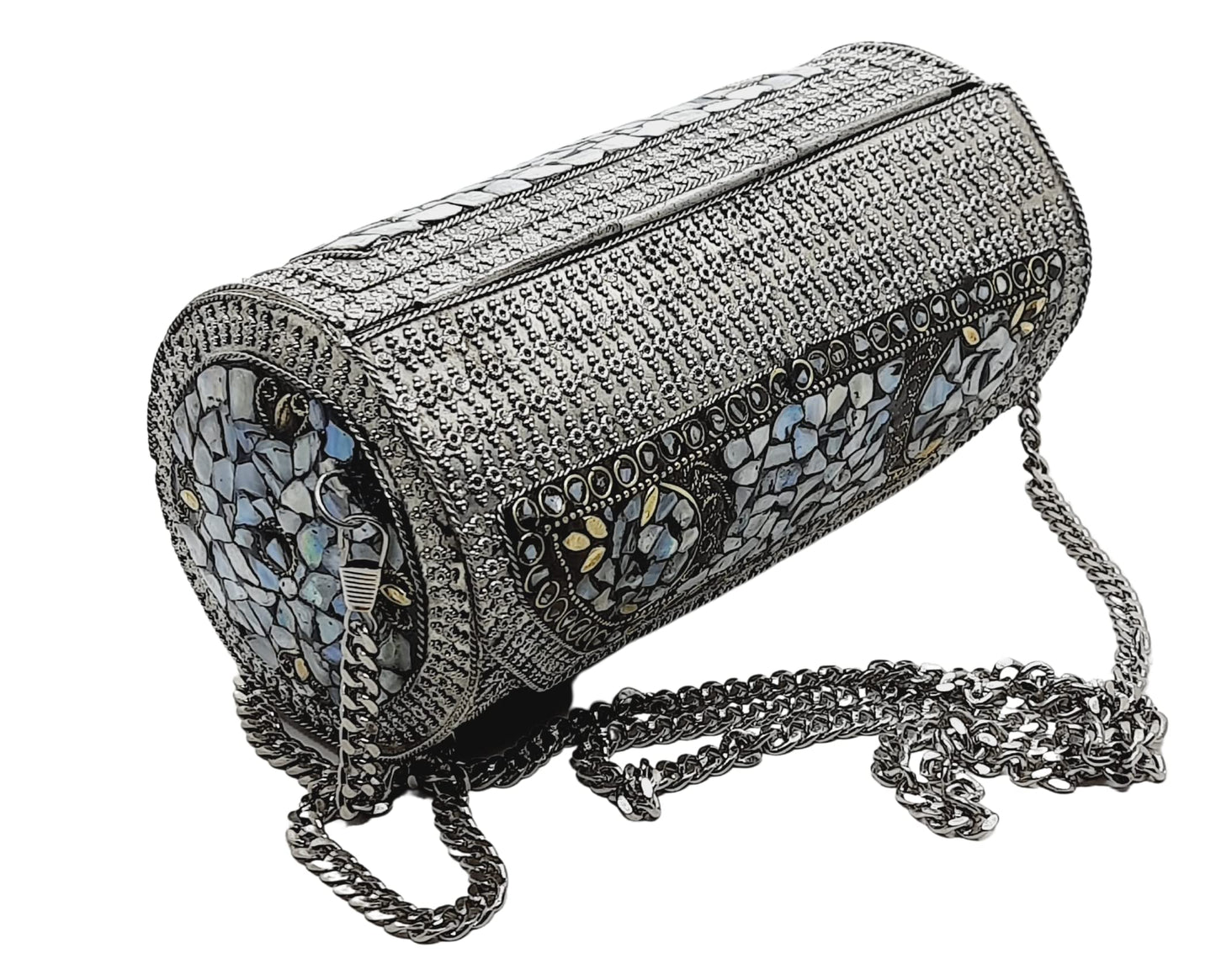 Trend Overseas Womens Eye Catching Handmade Cylinder Round Ethnic Silver Metal Bag Antique Bridal Clutch