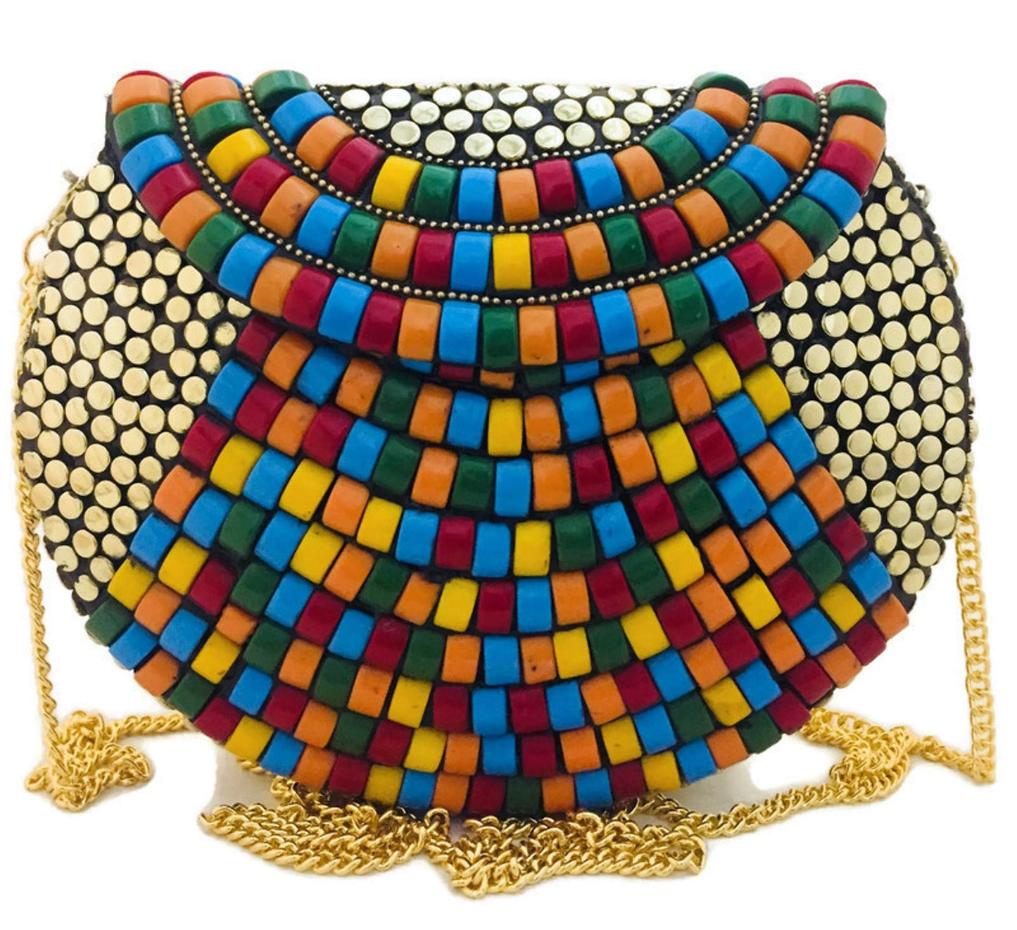 Trend Overseas Brass Beaded Multi color Ethnic purse Girls Bridal Bag Golden cross body bag for women