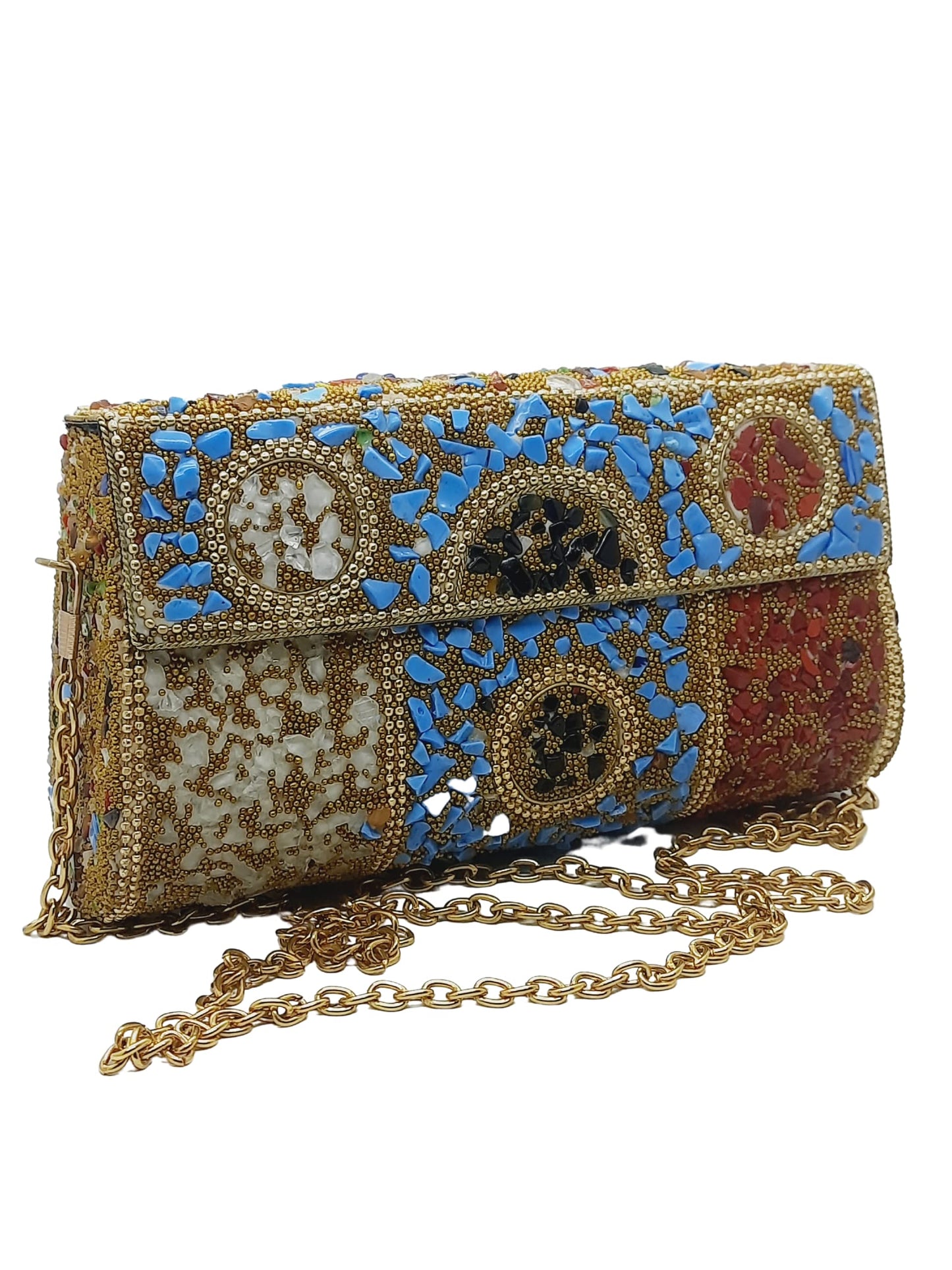 Trend Overseas Handmade Cut Stone mosaic metal bag Stone Clutch Ethnic Indian Women/Girls Bridal metal clutch party sling bag (Red)