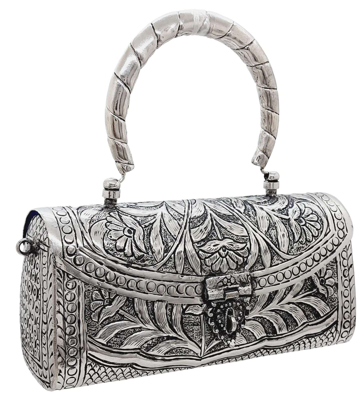 Trend Overseas Women's Silver Brass Metal Handle Clutch Handmade Antique Ethnic Hand Clutch