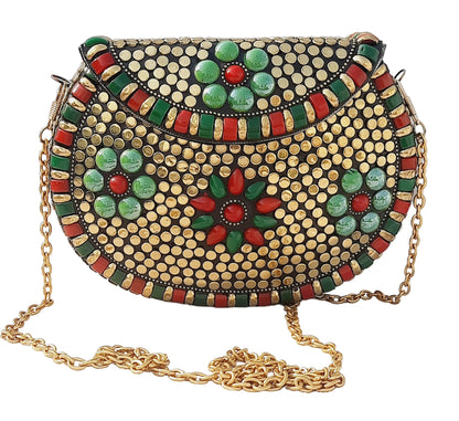 Trend Overseas Multicolor Acrylic Stone Golden metal Bead Clutch Girls Bridal Bag for women/Girl party clutch