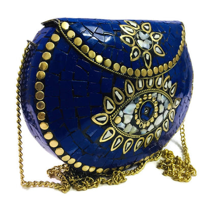 Trend Overseas Blue stone mosaic metal bag antique ethnic clutch indian antique purse party clutch women bag