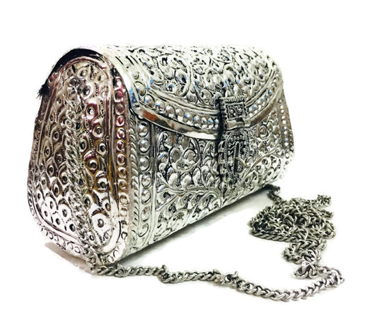 Trend Overseas women gift bridal bag Silver Brass Metal Clutch Sling Bag Indian Ethnic Antique clutch