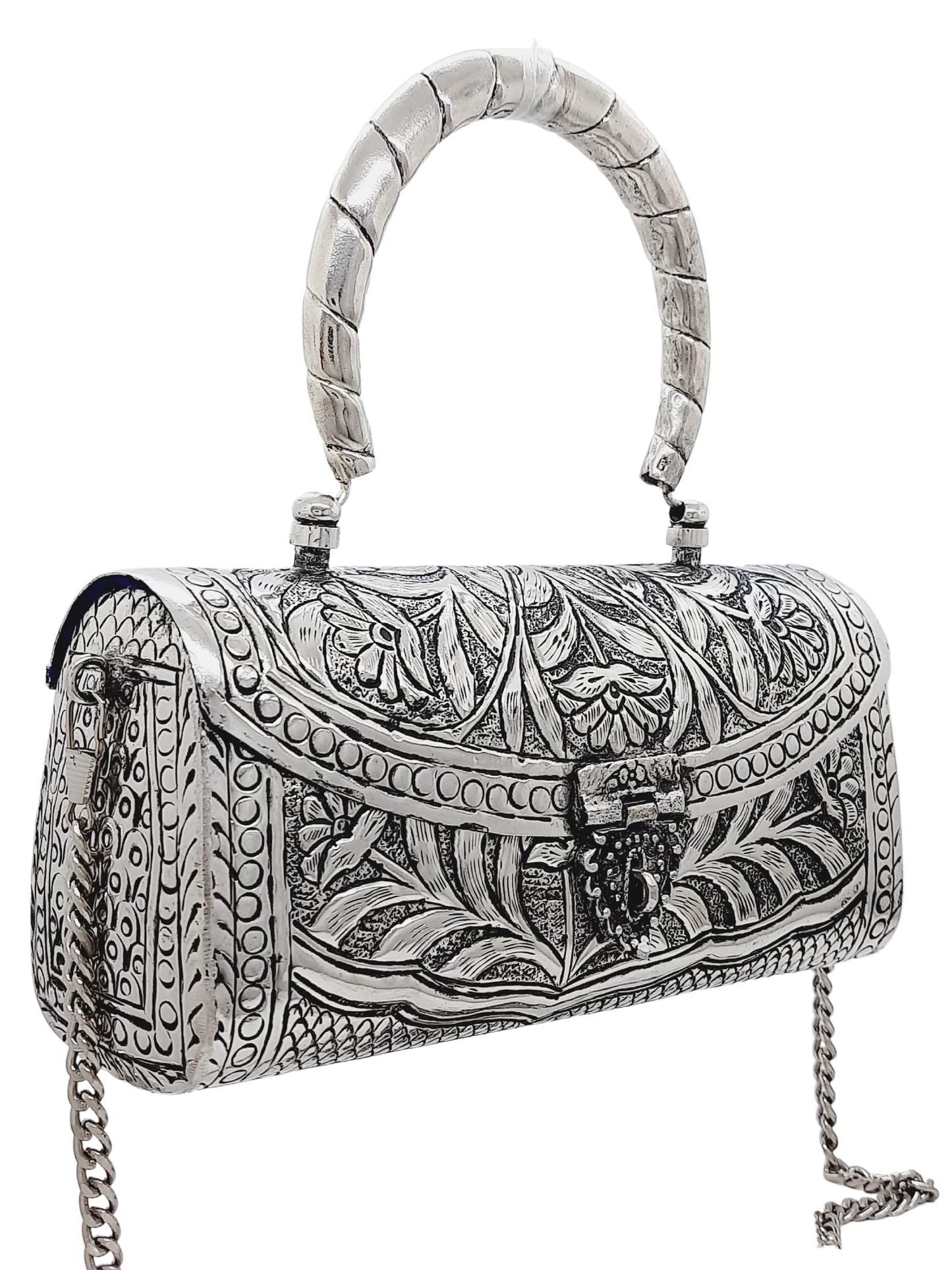 Trend Overseas Women's Silver Brass Metal Handle Clutch Handmade Antique Ethnic Hand Clutch