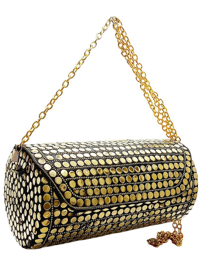 Trend Overseas Handmade Mosaic Multi color Stone Clutch Cylindrical Round Ethnic bag Antique Bridal Sling Bag Crossbody Bag